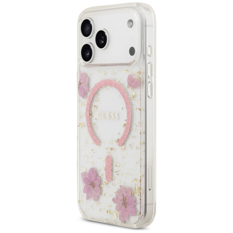 Husa Guess iPhone 17 Pro Max Resin Flowers and Glitter MagSafe, roz, GUHMP18XRBFGFGMP