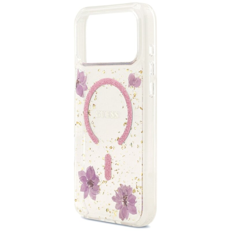 Husa Guess iPhone 17 Pro Max Resin Flowers and Glitter MagSafe, roz, GUHMP18XRBFGFGMP
