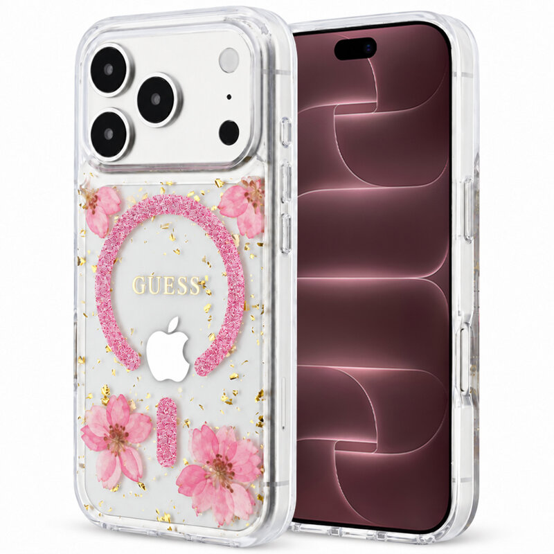 Husa Guess iPhone 18 Pro Max Resin Flowers and Glitter MagSafe, roz, GUHMP18XRBFGFGMP