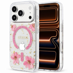Husa Guess iPhone 17 Pro Max Resin Flowers and Glitter MagSafe, roz, GUHMP18XRBFGFGMP
