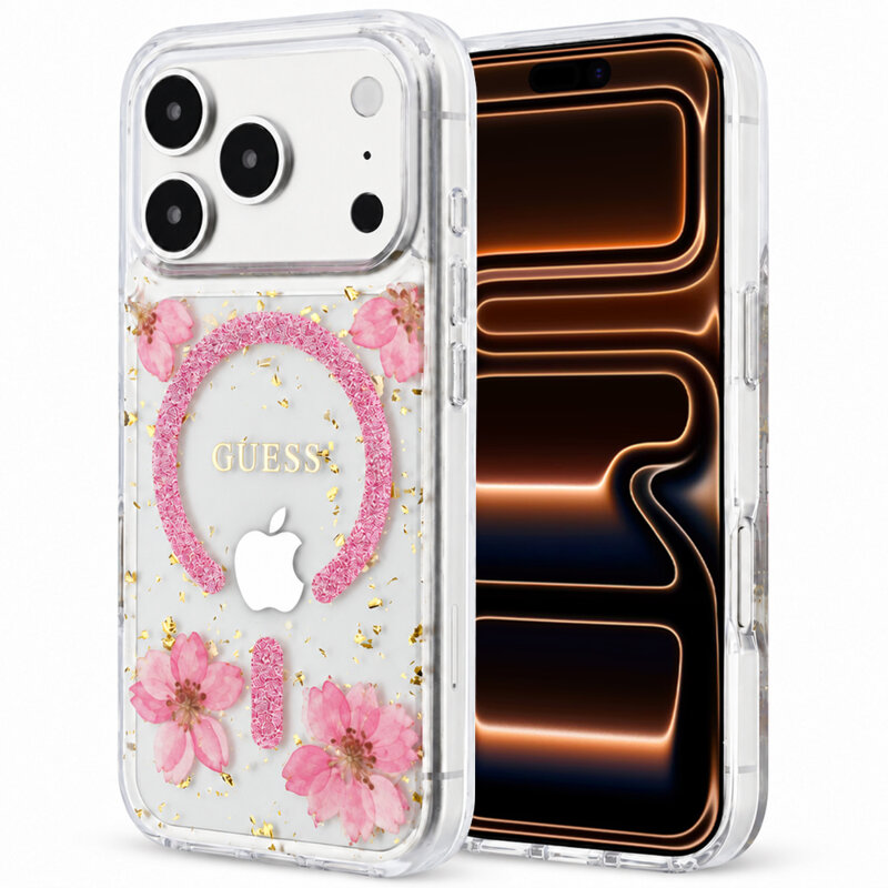 Husa Guess iPhone 17 Pro Max Resin Flowers and Glitter MagSafe, roz, GUHMP18XRBFGFGMP