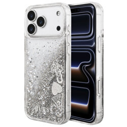 Husa Guess Glitter Charms iPhone 17 Pro cu sclipici, argintiu, GUHCP18LGLHFLSI