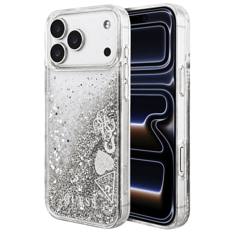 Husa Guess Glitter Charms iPhone 17 Pro cu sclipici, argintiu, GUHCP18LGLHFLSI