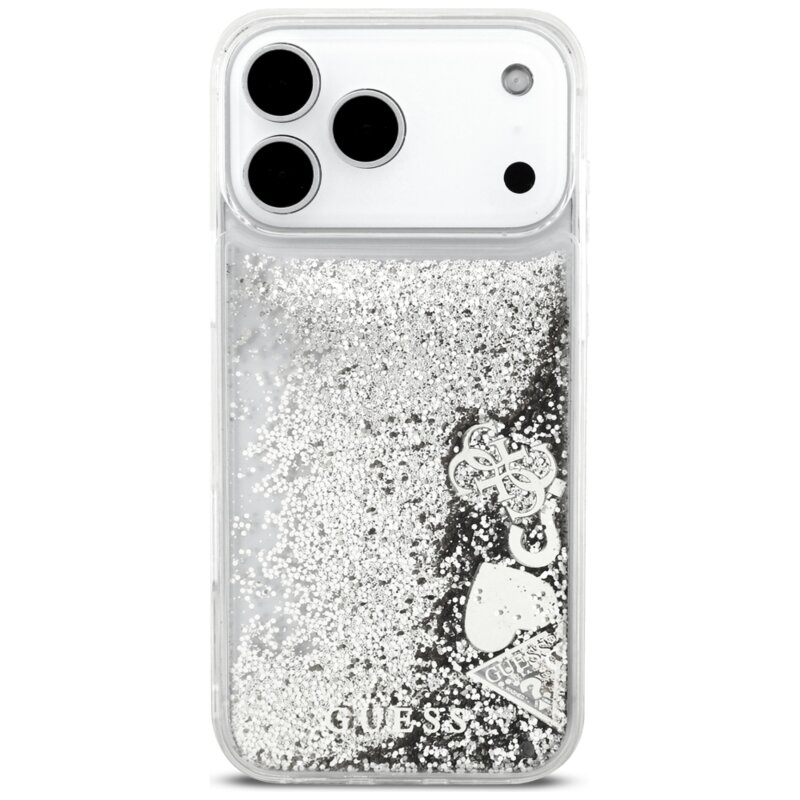 Husa Guess Glitter Charms iPhone 17 Pro cu sclipici, argintiu, GUHCP18LGLHFLSI