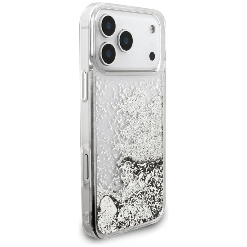 Husa Guess Glitter Charms iPhone 17 Pro cu sclipici, argintiu, GUHCP18LGLHFLSI