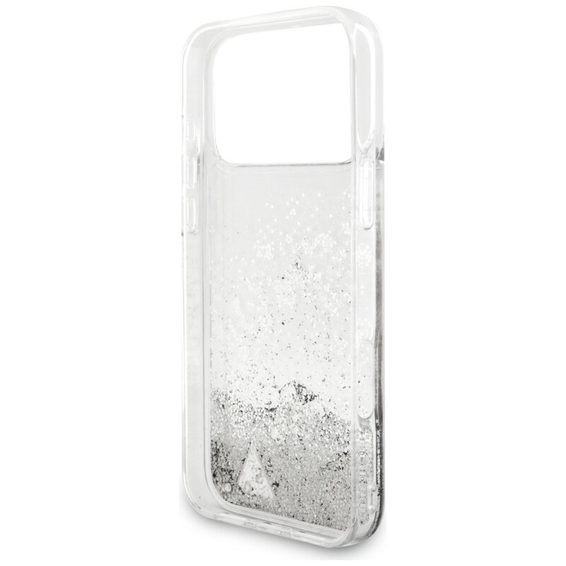Husa Guess Glitter Charms iPhone 17 Pro cu sclipici, argintiu, GUHCP18LGLHFLSI