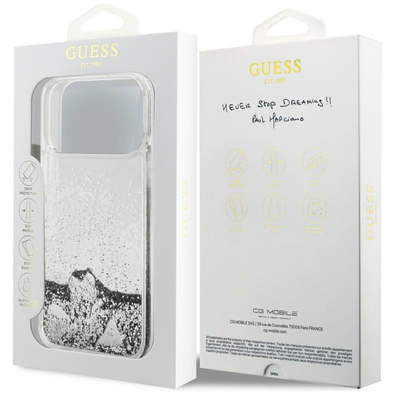Husa Guess Glitter Charms iPhone 17 Pro cu sclipici, argintiu, GUHCP18LGLHFLSI