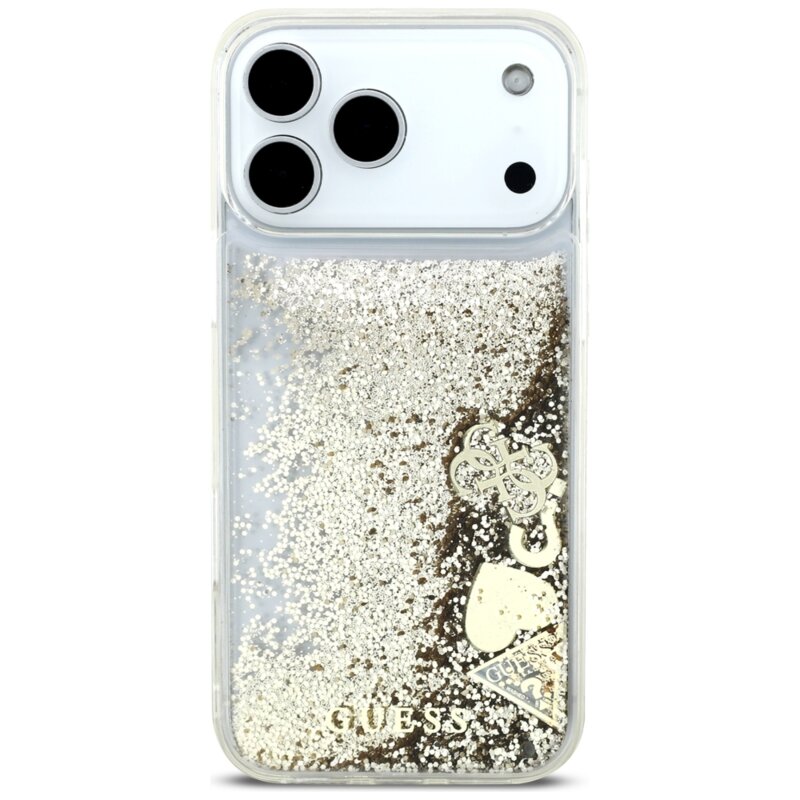 Husa Guess Glitter Charms iPhone 17 Pro cu sclipici, auriu, GUHCP18LGLHFLGO