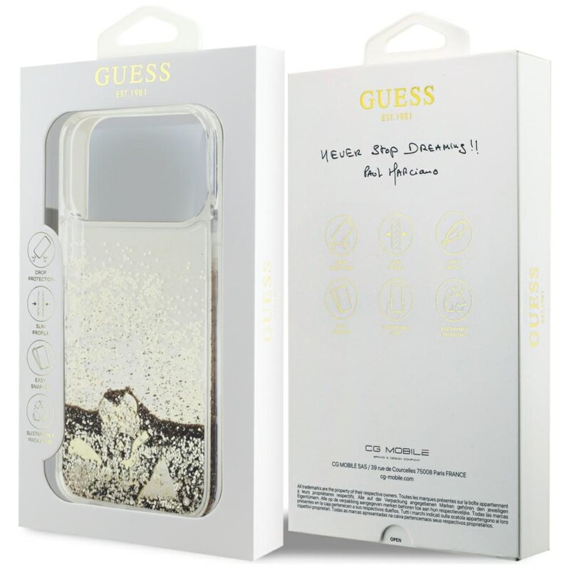 Husa Guess Glitter Charms iPhone 17 Pro cu sclipici, auriu, GUHCP18LGLHFLGO