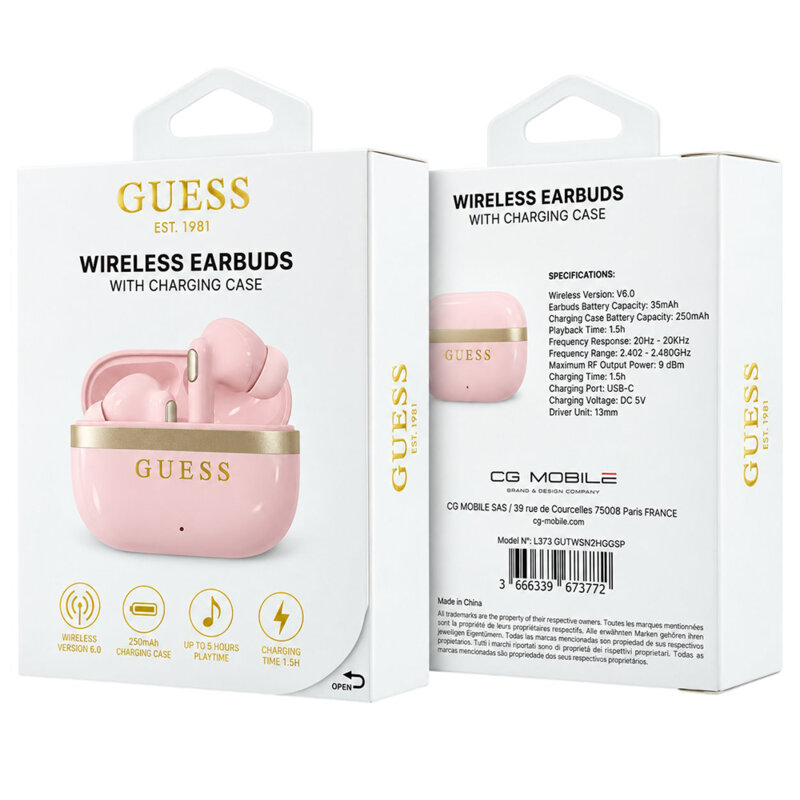 Casti wireless Bluetooth TWS Guess, roz, GUTWSN2HGGSP