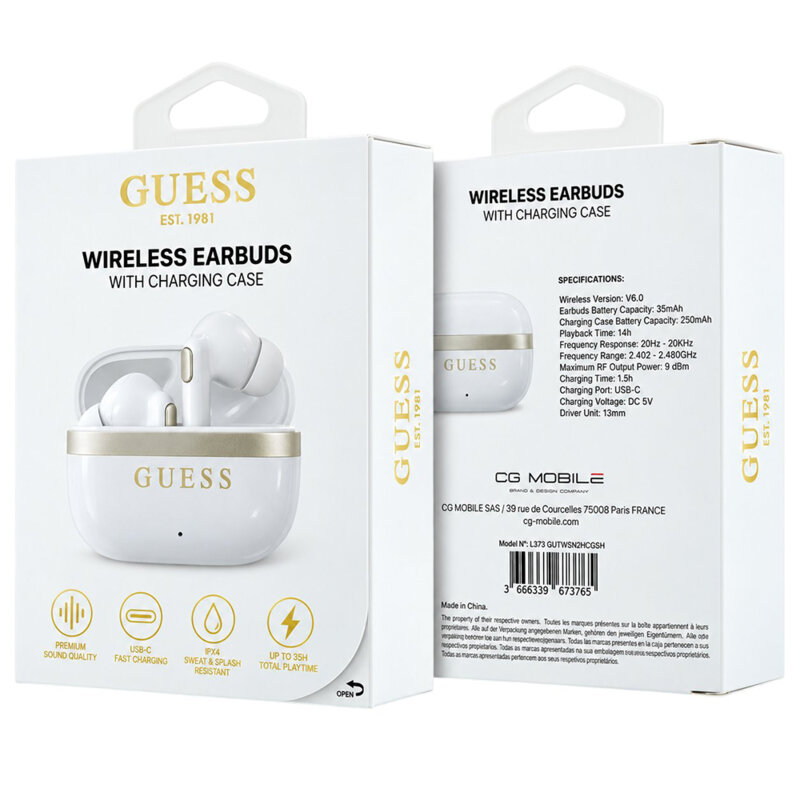 Casti wireless Bluetooth TWS Guess, alb, GUTWSN2HGGSH