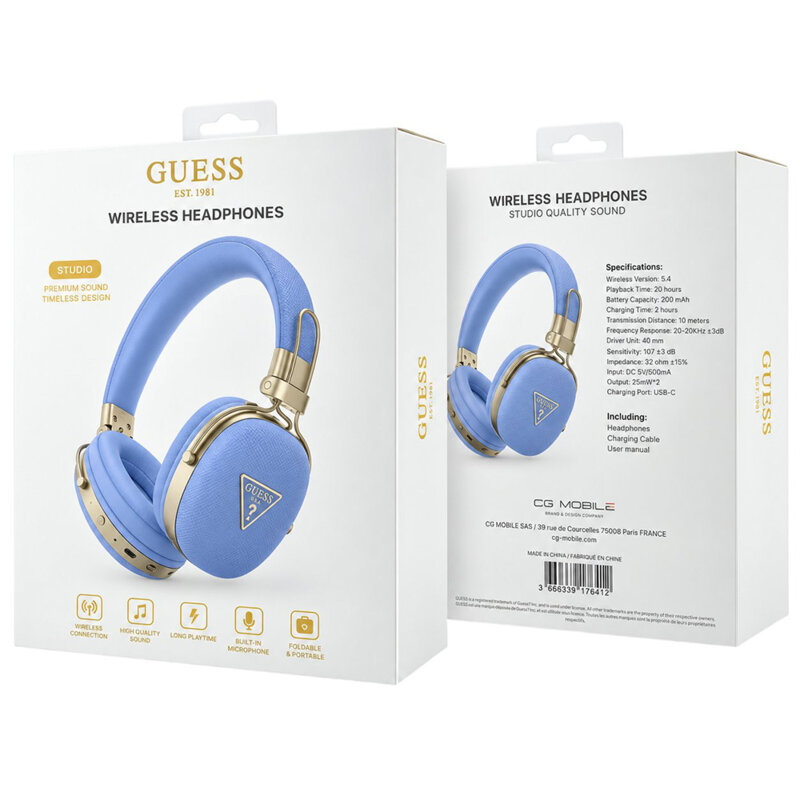 Casti Bluetooth Guess Grained Triangle Logo, bleu, GUBHP72PGTCSB
