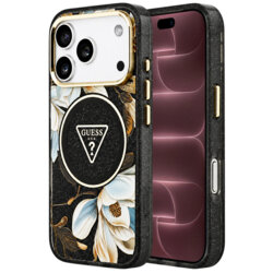 Husa iPhone 18 Pro Max originala Guess IML Metal Glitter Flowers Triangle MagSafe, negru, GUHMP18XHFLPEDK