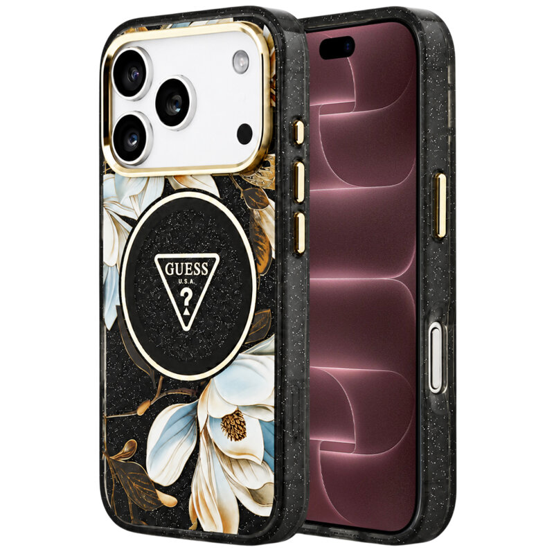 Husa iPhone 18 Pro Max originala Guess IML Metal Glitter Flowers Triangle MagSafe, negru, GUHMP18XHFLPEDK