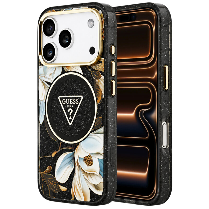 Husa iPhone 17 Pro Max originala Guess IML Metal Glitter Flowers Triangle MagSafe, negru, GUHMP18XHFLPEDK