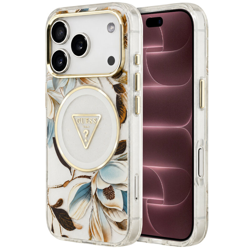 Husa iPhone 18 Pro Max originala Guess IML Metal Glitter Flowers Triangle MagSafe, alb, GUHMP18XHFLPEDH