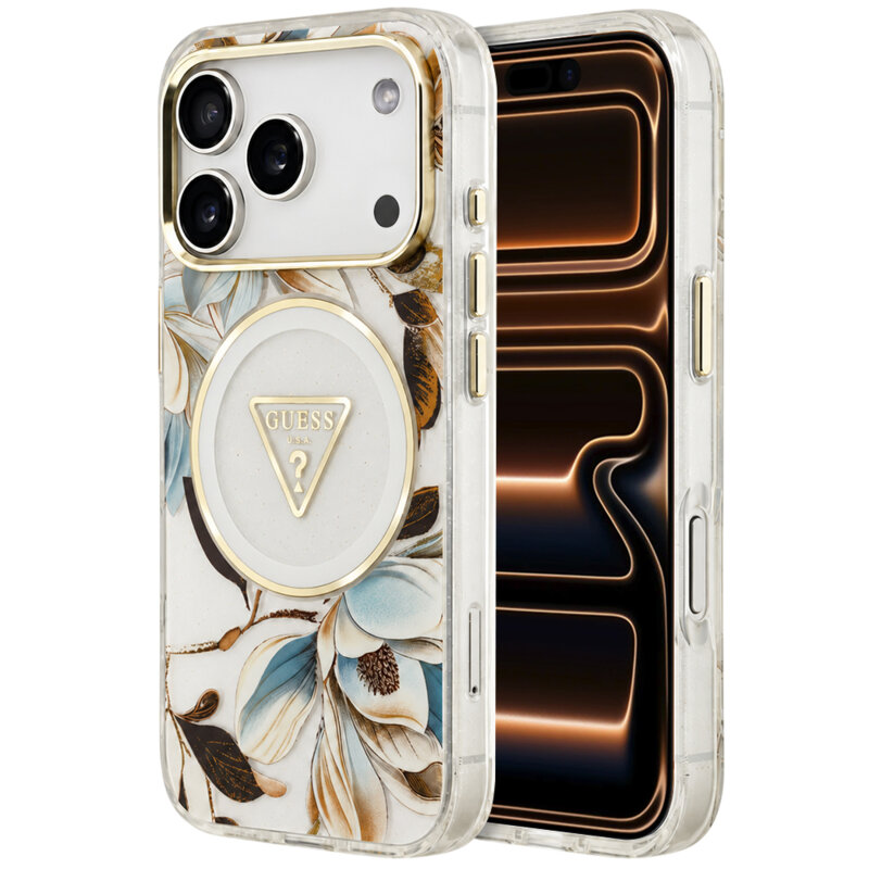 Husa iPhone 17 Pro Max originala Guess IML Metal Glitter Flowers Triangle MagSafe, alb, GUHMP18XHFLPEDH