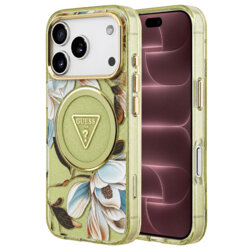 Husa iPhone 18 Pro Max originala Guess IML Metal Glitter Flowers Triangle MagSafe, verde, GUHMP18XHFLPEDN