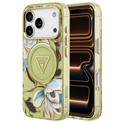 Husa iPhone 17 Pro Max originala Guess IML Metal Glitter Flowers Triangle MagSafe, verde, GUHMP18XHFLPEDN