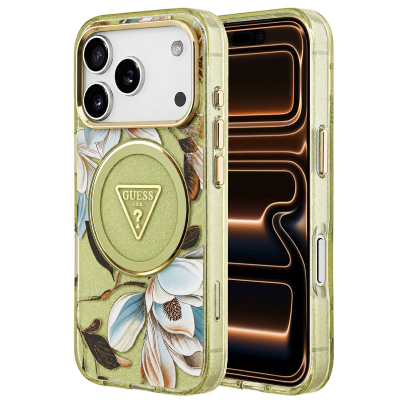 Husa iPhone 17 Pro Max originala Guess IML Metal Glitter Flowers Triangle MagSafe, verde, GUHMP18XHFLPEDN