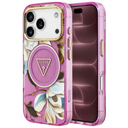 Husa iPhone 18 Pro Max originala Guess IML Metal Glitter Flowers Triangle MagSafe, mov, GUHMP18XHFLPEDU