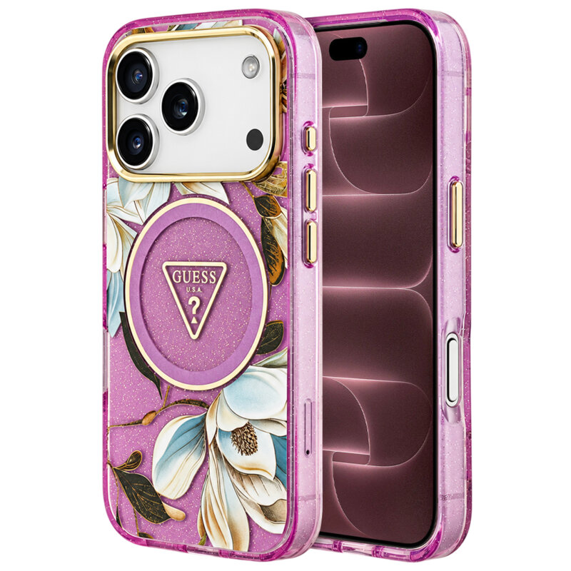Husa iPhone 18 Pro Max originala Guess IML Metal Glitter Flowers Triangle MagSafe, mov, GUHMP18XHFLPEDU