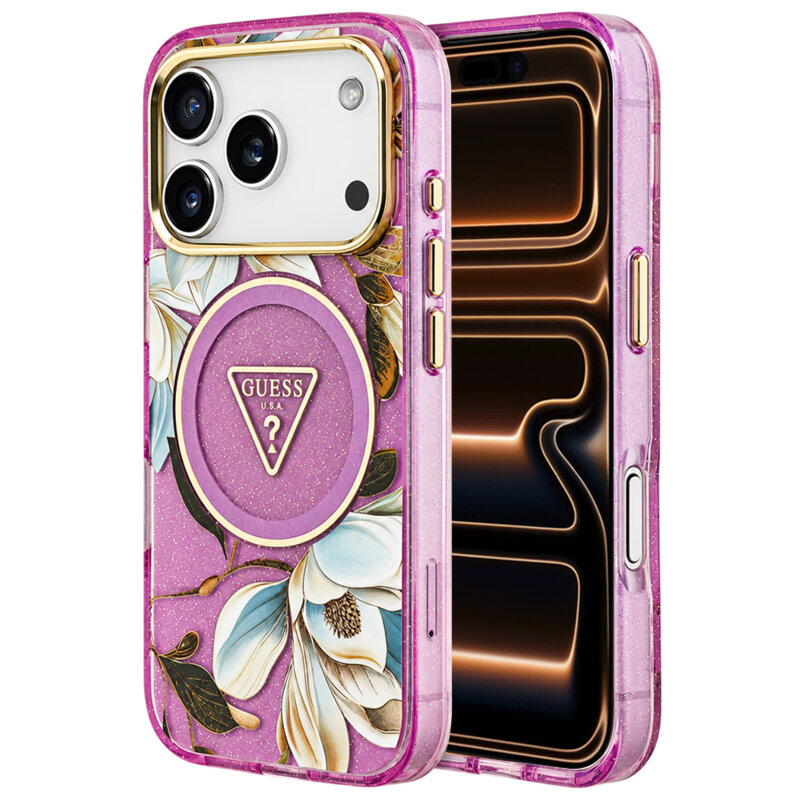 Husa iPhone 17 Pro Max originala Guess IML Metal Glitter Flowers Triangle MagSafe, mov, GUHMP18XHFLPEDU