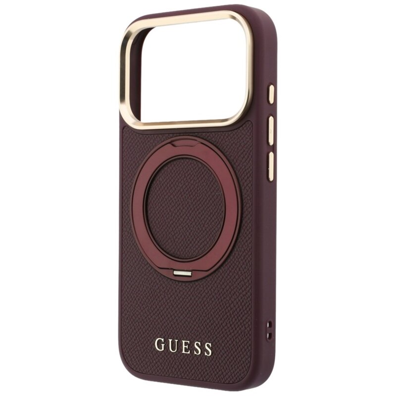 Husa iPhone 18 Pro Guess Grained Leather Ring Stand 360 Classic Logo MagSafe, bordo, GUHMP18L6PSGRSCLU