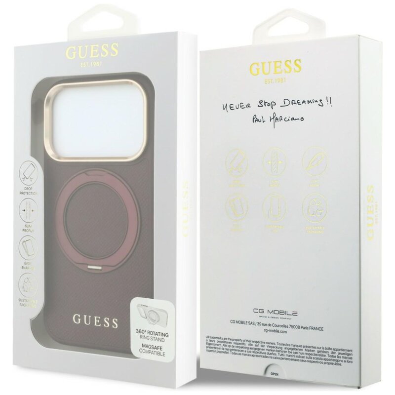 Husa iPhone 18 Pro Guess Grained Leather Ring Stand 360 Classic Logo MagSafe, bordo, GUHMP18L6PSGRSCLU