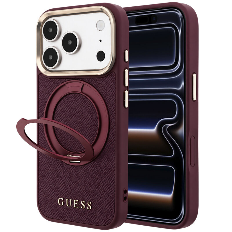 Husa iPhone 17 Pro Guess Grained Leather Ring Stand 360 Classic Logo MagSafe, bordo, GUHMP18L6PSGRSCLU
