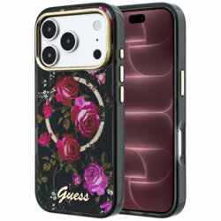 Husa iPhone 18 Pro Max originala Guess IML Glitter Blossom Roses MagSafe, negru, GUHMP18X6HTBGSLK