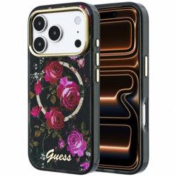 Husa iPhone 17 Pro Max originala Guess IML Glitter Blossom Roses MagSafe, negru, GUHMP18X6HTBGSLK