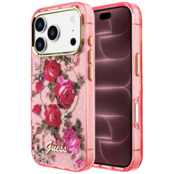 Husa iPhone 18 Pro Max originala Guess IML Glitter Blossom Roses MagSafe, roz, GUHMP18X6HTBGSLP