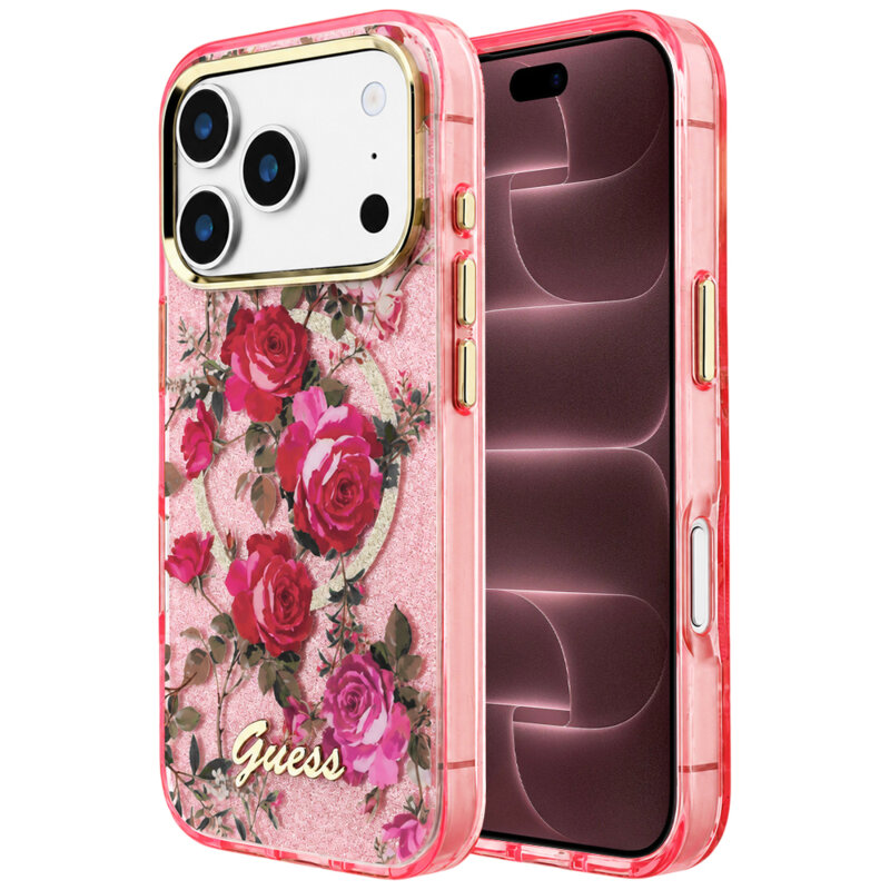 Husa iPhone 18 Pro Max originala Guess IML Glitter Blossom Roses MagSafe, roz, GUHMP18X6HTBGSLP