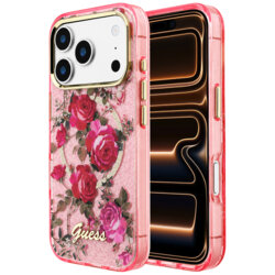Husa iPhone 17 Pro Max originala Guess IML Glitter Blossom Roses MagSafe, roz, GUHMP18X6HTBGSLP