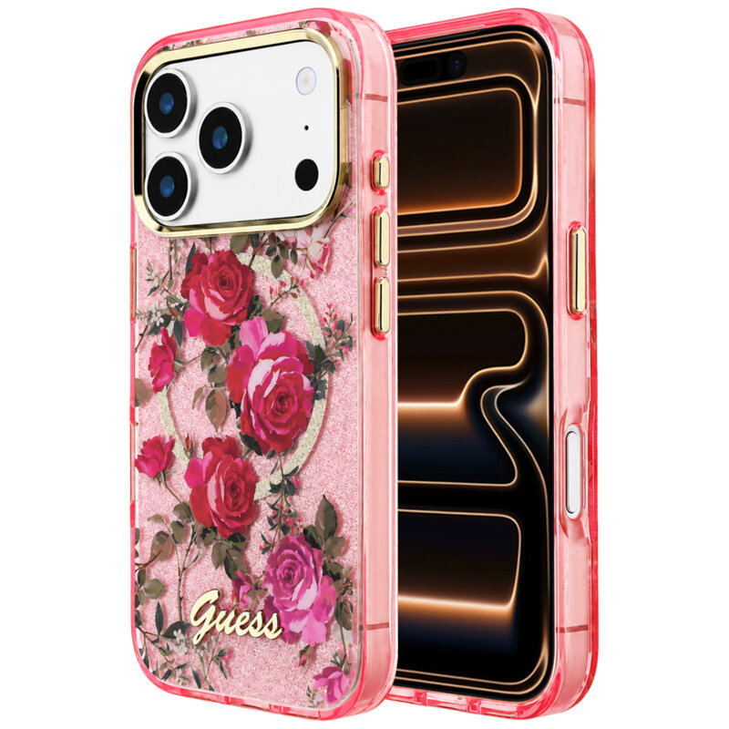 Husa iPhone 17 Pro Max originala Guess IML Glitter Blossom Roses MagSafe, roz, GUHMP18X6HTBGSLP
