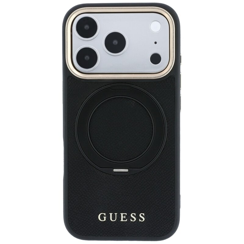 Husa iPhone 18 Pro Guess Grained Leather Ring Stand 360 Classic Logo MagSafe, negru, GUHMP18L6PSGRSCLK