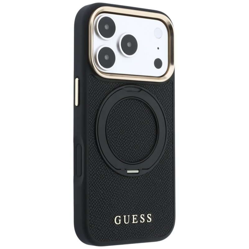 Husa iPhone 18 Pro Guess Grained Leather Ring Stand 360 Classic Logo MagSafe, negru, GUHMP18L6PSGRSCLK