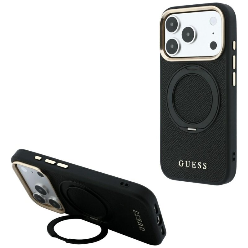 Husa iPhone 18 Pro Max Guess Grained Leather Ring Stand 360 Classic MagSafe, negru, GUHMP18X6PSGRSCLK