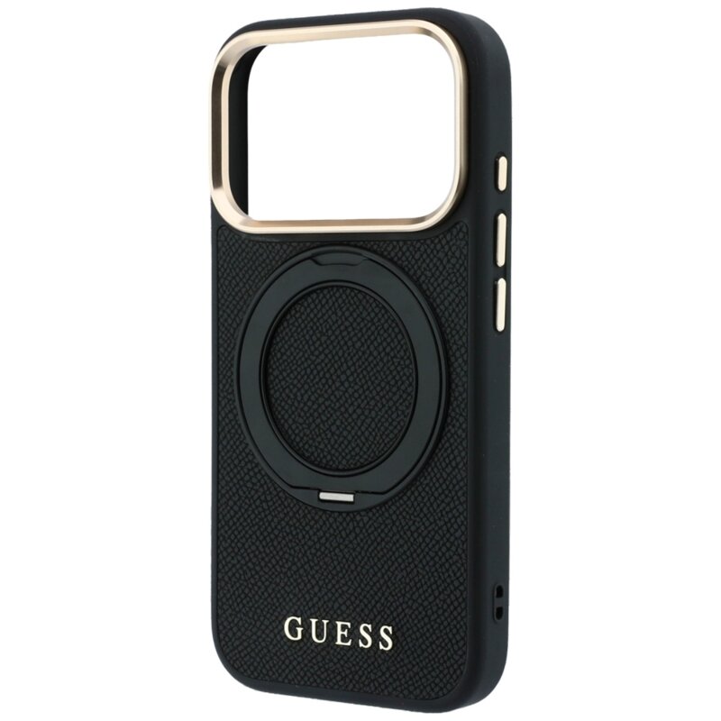 Husa iPhone 18 Pro Max Guess Grained Leather Ring Stand 360 Classic MagSafe, negru, GUHMP18X6PSGRSCLK