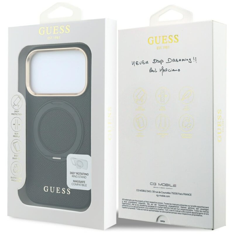 Husa iPhone 18 Pro Max Guess Grained Leather Ring Stand 360 Classic MagSafe, negru, GUHMP18X6PSGRSCLK