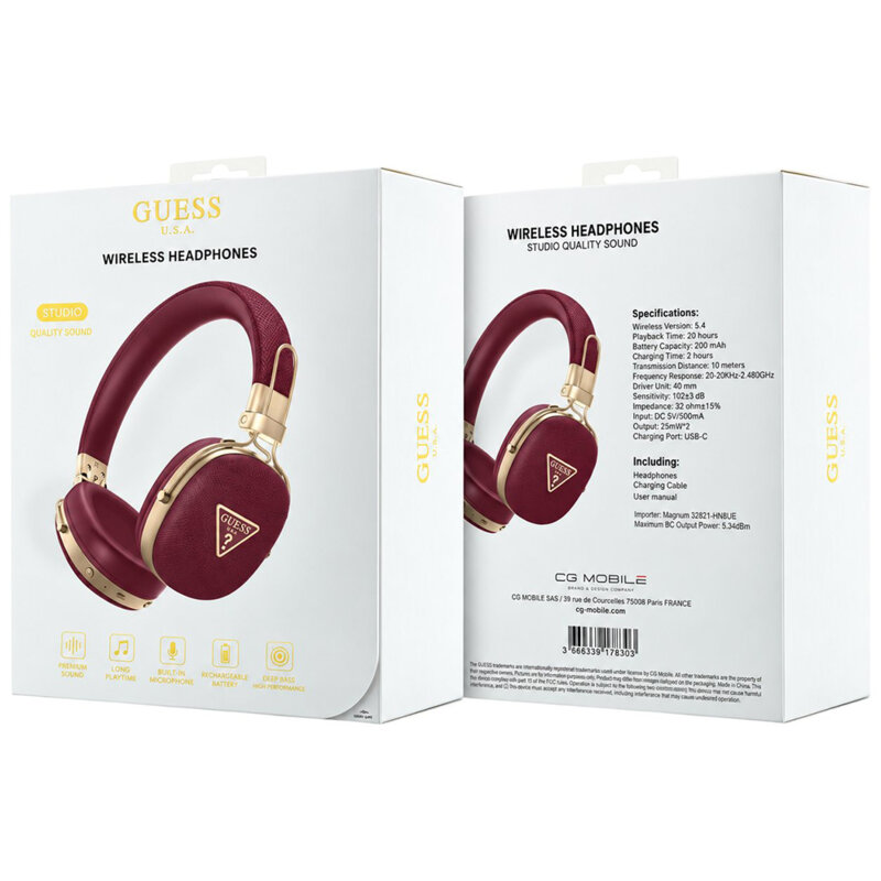 Casti Bluetooth Guess Grained Triangle Logo, bordo, GUOBHP72PGTCSU