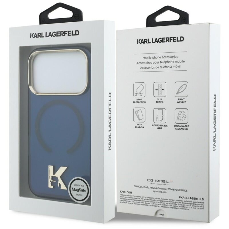 Husa iPhone 18 Pro Karl Lagerfeld IML K Head Logo MagSafe, albastru, KLHMP18L5HTMKHDB