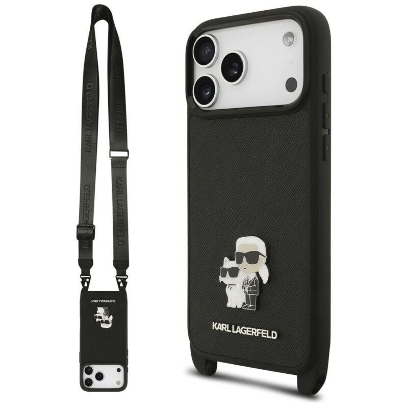 Husa iPhone 18 Pro Max Karl Lagerfeld Saffiano K&C Metal Pin Crossbody, negru, KLHCP18XSAKCPBK