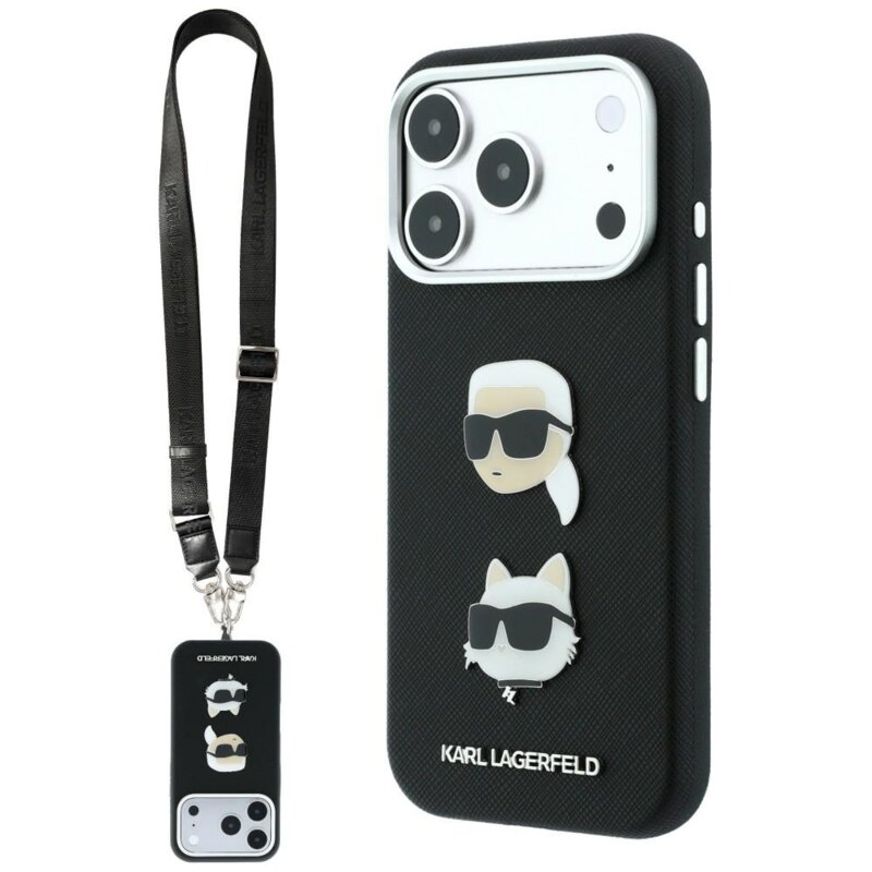 Husa iPhone 18 Pro Max Karl Lagerfeld Saffiano K&C Heads Pins Logo Crossbody, negru, KLHCP18XPSWFDHPSK