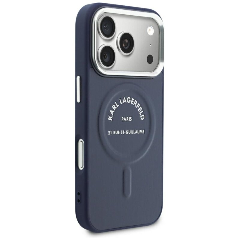 Husa iPhone 18 Pro Karl Lagerfeld Leather Embossed Open Ring Karl RSG Logo MagSafe, albastru, KLHMP18LPSKRSGEB