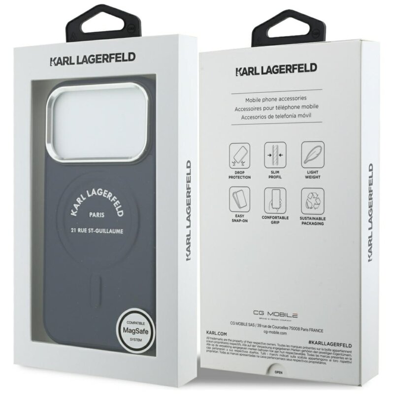 Husa iPhone 18 Pro Karl Lagerfeld Leather Embossed Open Ring Karl RSG Logo MagSafe, albastru, KLHMP18LPSKRSGEB