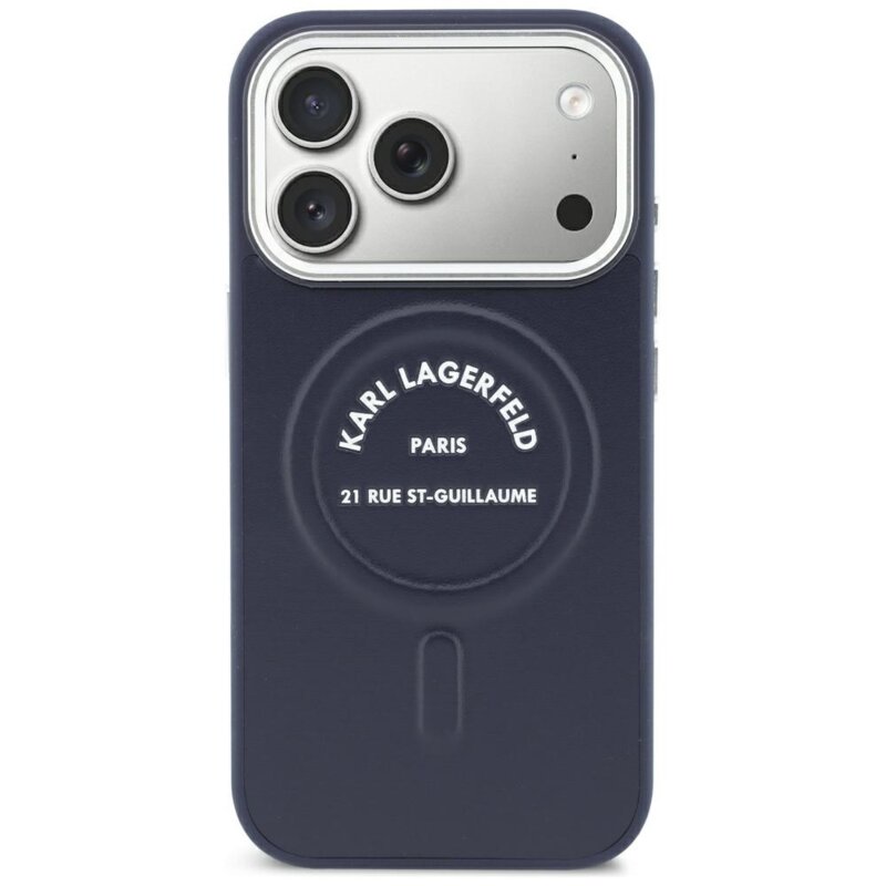 Husa iPhone 18 Pro Max Karl Lagerfeld Leather Embossed Open Ring Karl RSG Logo MagSafe, albastru, KLHMP18XPSKRSGEB