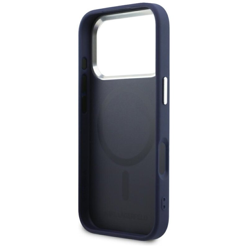 Husa iPhone 18 Pro Max Karl Lagerfeld Leather Embossed Open Ring Karl RSG Logo MagSafe, albastru, KLHMP18XPSKRSGEB