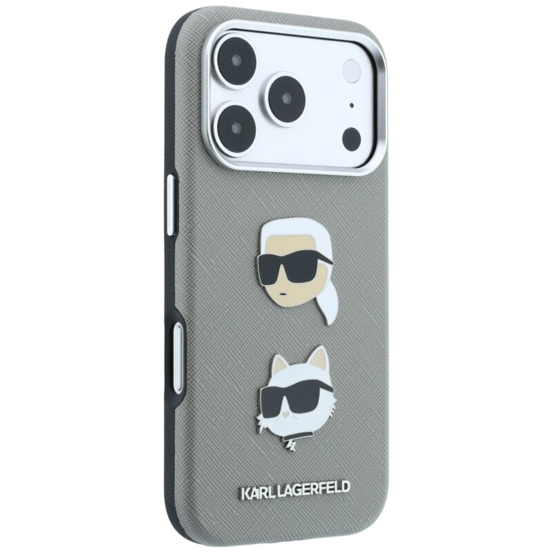 Husa originala iPhone 18 Pro Max Karl Lagerfeld Saffiano with K&C Heads Pins and Logo, gri, KLHCP18XPSWFDHPG